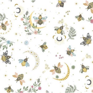 May include: A white background with a repeating pattern of bees, moons, stars, and floral elements. The bees have patterned wings in shades of gold, pink, and blue. The moons are crescent-shaped, and the stars are small and golden. The floral elements include sprigs and small flowers.