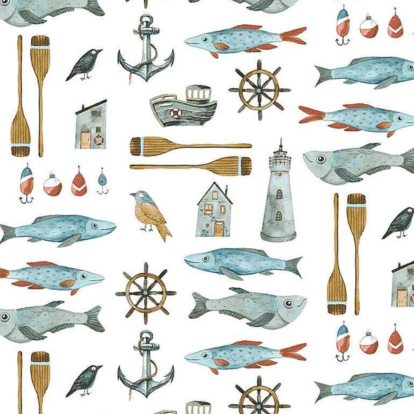 Fisherman Fabric, Dear Stella, Hook Line and Sinker, Carp e diem, Quilting Cotton, fish, ocean theme