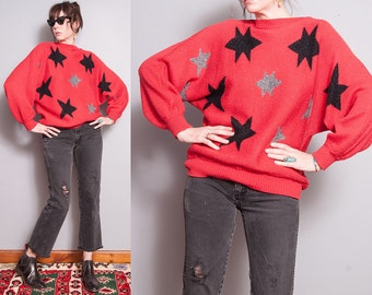 Vintage 1980's | Red | Star Print | Metallic | Pullover | Sweater | OS or L