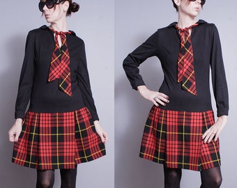 Vintage 1960's | Tartan Plaid | Ascot Collar | Drop Waist | Mid Century | MCM | Dress | S