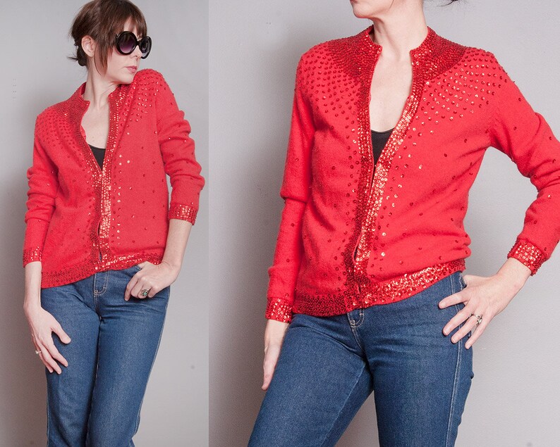 red sequin cardigan