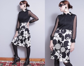 Vintage 1960's | Mid Century | Black & White | Floral | Mod | Dress | S/M