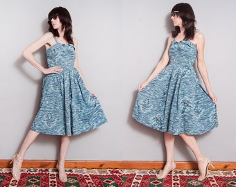 Vintage 1950's | Blue | Polynesian Print | Cotton | Pin-up | Fit & Flare | Mid Century | MCM | Dress | S/M