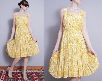 Vintage 1990's | BILL BLASS | Yellow | Floral | Pleated Skirt | Dress | S/M