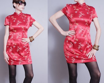 Vintage 1990's | Red | Asian Inspired | Cheongsam | Mandarin Collar | Mini | Dress | S