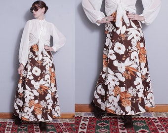 Vintage 1970's | Brown | Long | Large Floral | 100% Cotton | Maxi | Skirt | S