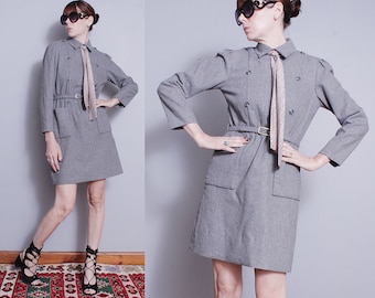Vintage 1960's | Gray | Mid Century | MCM | Wool | Mod | Mini | Dress | M
