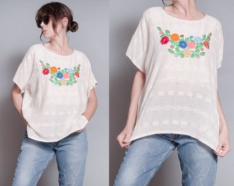 Vintage 1970's | Floral | Hand Embroidered | Pullover | Cotton | Top | Blouse | L