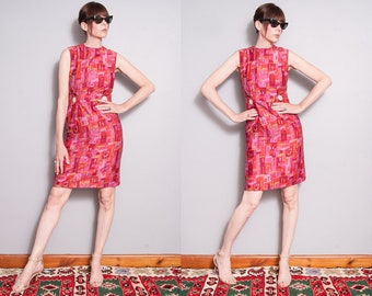 Vintage 1960's | Patterned | Cotton | Mid Century | Fitted | Mini | Dress | S