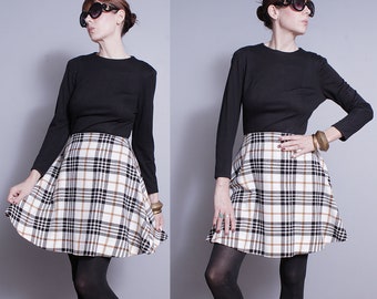 Vintage 1960's | Black and White | Mid Century | MCM | Plaid | Mod | Mini | Dress | S