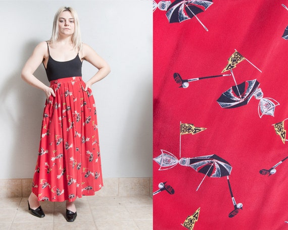 Vintage 1980's | Red | 100% Silk | Golf Print | No