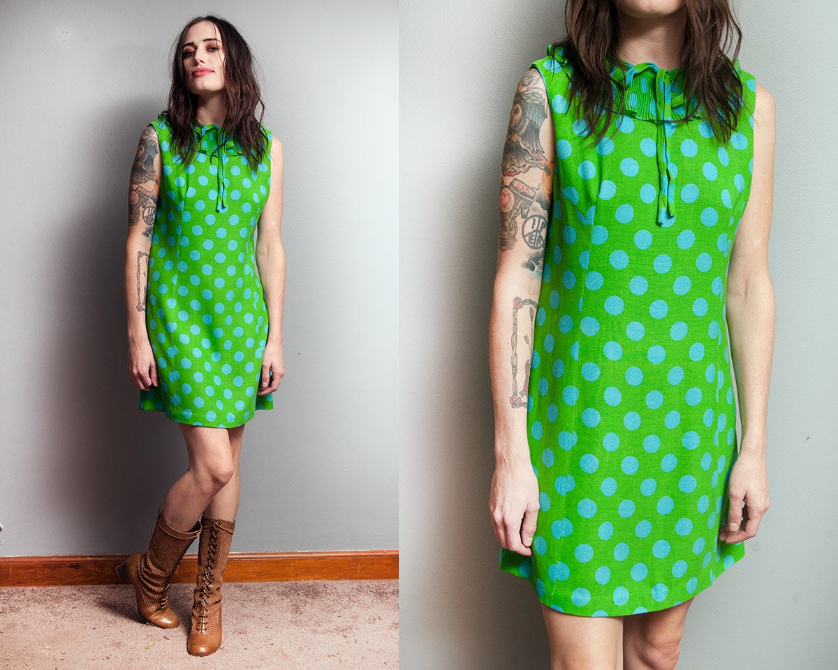 Vintage 1960's | Green & Blue | Polka Dot | Mod | Shift | Mini Dress | S/M