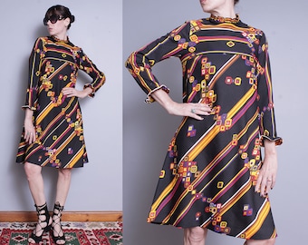 Vintage 1960's/1970's | Black | Geometric Print | Empire Waist | Dress | S