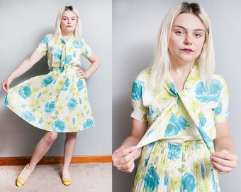 Vintage 1950's/1960's | Floral | 2 Piece Outfit | New Look | Accordion Pleated | Skirt | Ascot | Blouse | XS/S