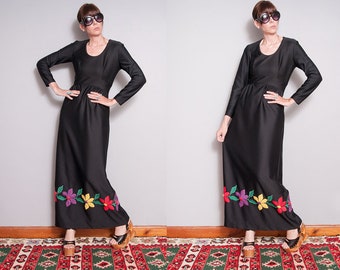 Vintage 1970's | Black | Embroidered | Floral | Maxi | Dress | S