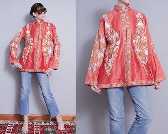 Vintage 1970's | Orange | Silk | Floral | Embroidered | Mandarin Collar | Jacket | Topper | L