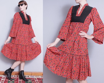 Vintage 1970's | Red | Floral | Empire Waist | Midi | Dress | S