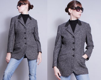 Vintage 1980's/1990's | Gray | 100% Wool | Made in Italy | Leather Trim | Blazer | Jacket | S/M