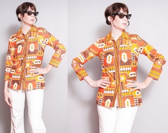 Vintage 1970's | Alex Colman | Cotton | Geometric | Patterned | Printed | Button Down | Blouse | Top | S