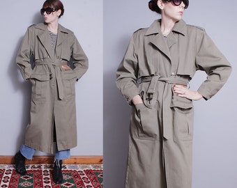 Vintage 1990's | Khaki Green | 100% Cotton | Oversized | Trench | Overcoat | Coat | S/M