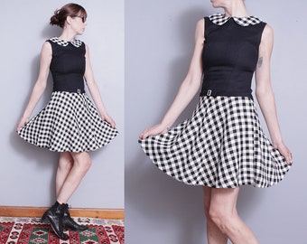 Vintage 1960's / Blanco y Negro / Cheque / Mod / Mediados de Siglo / MCM / Mini / Vestido / S