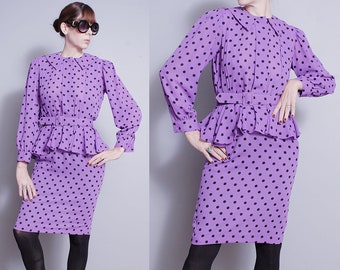 Vintage 1980's | Purple | Black Polka Dot | Peplum | Dress | S