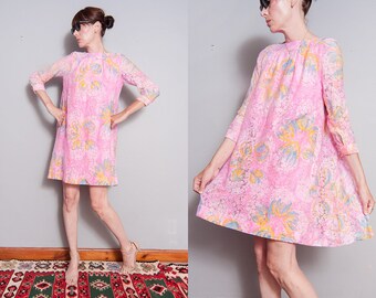 Vintage 1960's | Pink | Floral | Babydoll | Mid Century | MCM | Dress | S