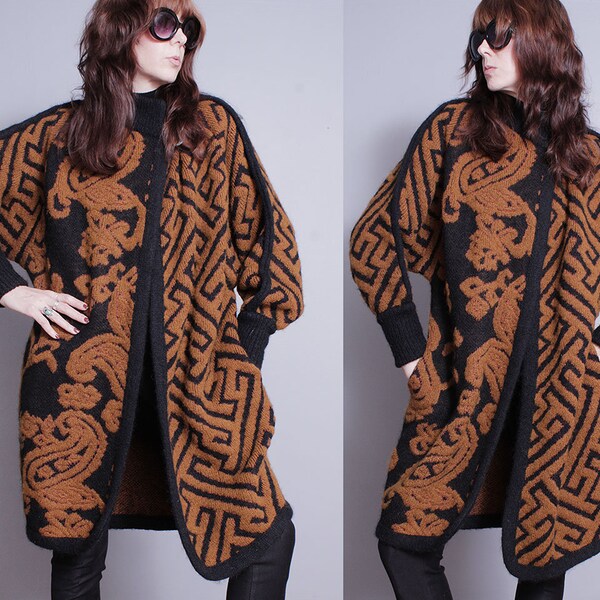 Vintage 1980's | Mixed Pattern | Oversized | Cardigan Style | Sweater | Mohair Blend | Coat | M/L or Oversized