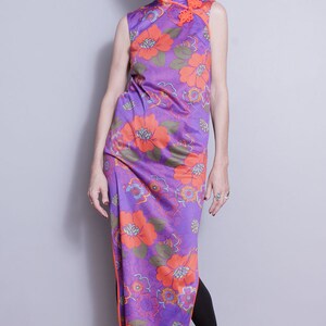 Vintage 1970's Purple Large Floral Colorful Mandarin Collar Maxi Dress S image 3