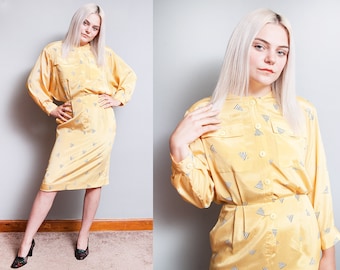 Vintage 1980's | Yellow | New Wave | Dolman Sleeve | Dress | S