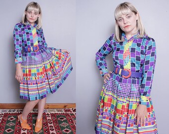Vintage 1960's | Bright | Colorful | Check | Fit and Flare | Mod | Dress | S