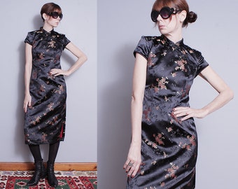 Vintage 1990's | Black | Floral | Asian Inspired | Cheongsam | Mandarin Collar | Dress | S