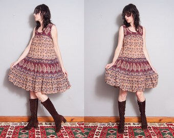 Vintage 1970's | Floral | India Cotton | Empire Waist | Sleeveless | Dress | S/M