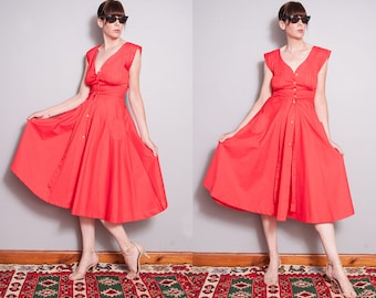 Vintage 1980's | Red | Fit & Flare | Circle Skirt | Midi | Dress | XS/S