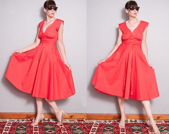 Vintage 1980's | Red | Fit & Flare | Circle Skirt | Midi | Dress | XS/S