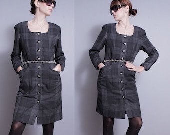 Vintage 1990's | Express | Gray and Black | Plaid | Button Down | Dress | M