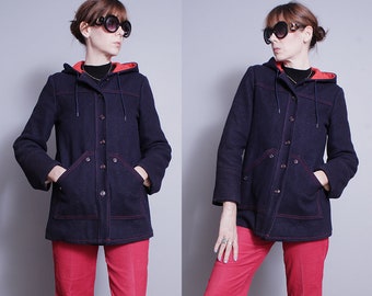 Vintage 1970's | Navy Blue and Red | Hooded | Wool | Coat | S