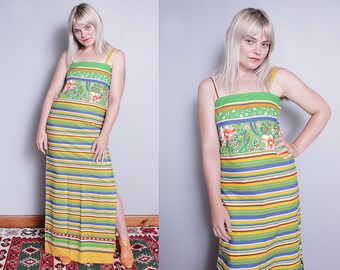 Vintage 1970's | Bright | Colorful | Floral | Striped | Maxi | Cotton | Dress | S