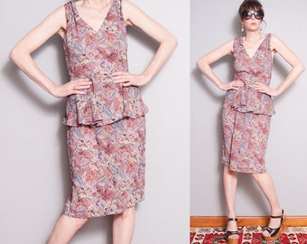 Vintage 1970's | Floral | Peplum Skirt | Slip Style | Dress | S