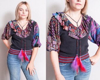 Vintage 1980's | Mixed Pattern | Ruffled Collar | Feather Tassel | Knit | Pullover | Top | S