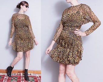 Vintage 1980's | Leopard | Animal Print | Ruffled Skirt | Mini | Dress | S