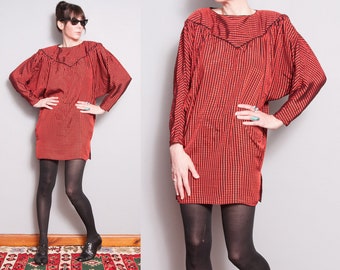 Vintage 1980's | Red & Black | Striped | Dolman Sleeve | Printed | Triangle Silhouette | Dress | S/M