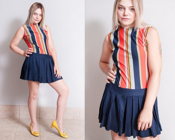 Vintage 1960's | Striped | MOD | Pleated | Drop Wa