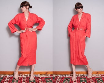Vintage 1980's/1990's | Neiman Marcus | 100% Linen | Orange | Midi | Dress | S