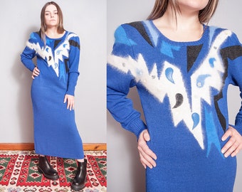 Vintage 1980's | Blue | Embellished | Sweater | Dress | S/M