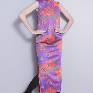 Vintage 1970's Purple Large Floral Colorful Mandarin Collar Maxi Dress S image 2