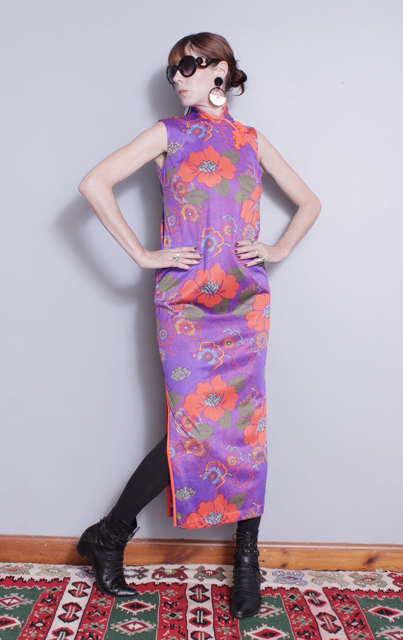 Vintage 1970's Purple Large Floral Colorful Mandarin Collar Maxi Dress S image 2