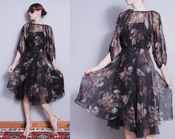 Vintage 1970's | Black | Floral | Bohemian | Midi | Dress | S