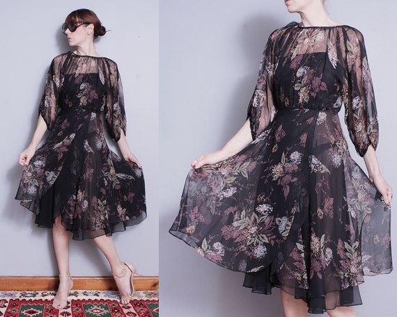 Vintage 1970's | Black | Floral | Bohemian | Midi… - image 1