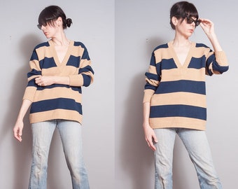 Vintage 1980's | Striped | V Neck | Pullover | 100% Cotton | Sweater | M/L